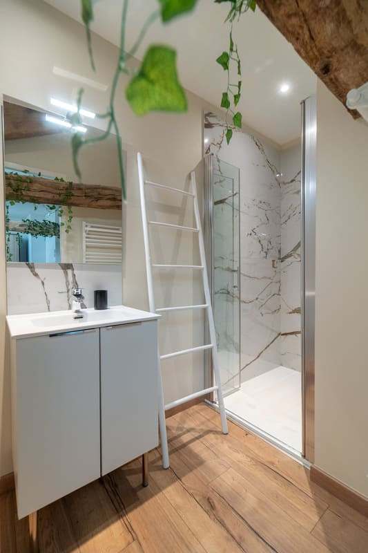 Salle d’eau avec douche effet marbre et échelle porte-serviettes