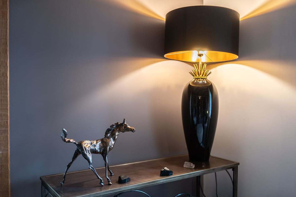 Détail de décoration : lampe noire et sculpture équestre